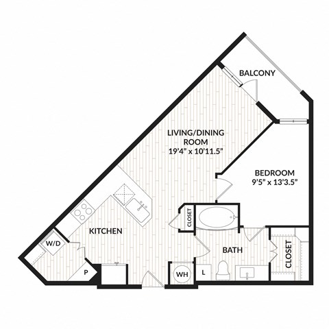 Floor plan for 1 bed, 1 bath, 717 sqft